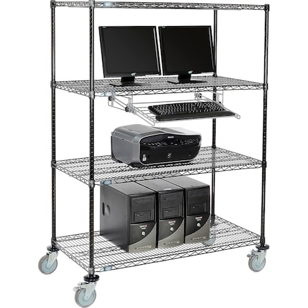 Nexel 4-Shelf Mobile Wire Computer LAN Workstation w/ Keyboard Tray, 48inW x 24inD x 69inH, Black 250116BK